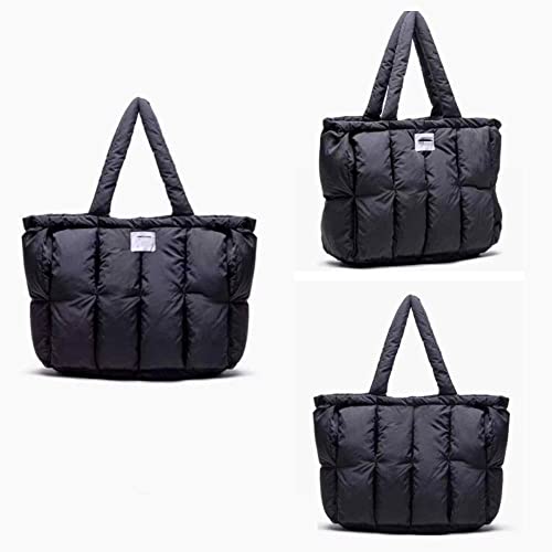 Puffy Bag Aesthetic Puffy Tote Bag Padded Tote Bag Women's Rectangle Quilted Plain Large Capacity Puffy Underarm Shoulder Bag (Black)