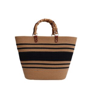 owgsee straw beach bag, straw tote bag for women with bamboo handles summer vacation woven beach bag shoulder handbag (khaki)