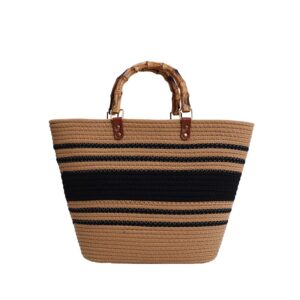 OWGSEE Straw Beach Bag, Straw Tote Bag for Women with Bamboo Handles Summer Vacation Woven Beach Bag Shoulder Handbag (Khaki)