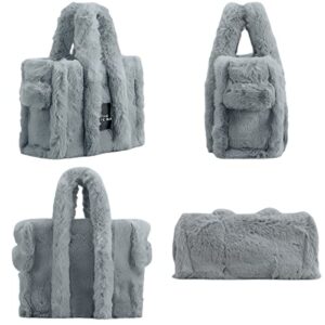 Faux Fur Furry Tote Purse Women Crossbody Shoulder Bag Soft Plush Handbag Clutch Top Handle Fuzzy Satchel (Dark Gray)