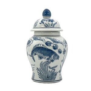 galt international 8″ ceramic ginger jar with lid – tea storage, decorative, home decor jar (slate blue & white koi)