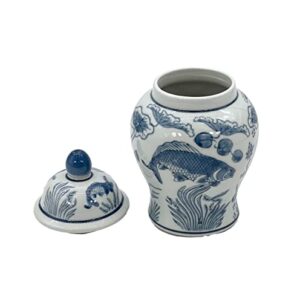 Galt International 8" Ceramic Ginger Jar with Lid - Tea Storage, Decorative, Home Decor Jar (Slate Blue & White Koi)