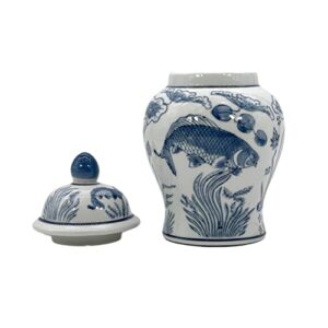 Galt International 8" Ceramic Ginger Jar with Lid - Tea Storage, Decorative, Home Decor Jar (Slate Blue & White Koi)