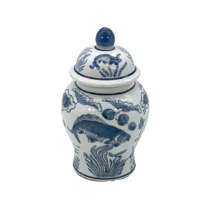 Galt International 8" Ceramic Ginger Jar with Lid - Tea Storage, Decorative, Home Decor Jar (Slate Blue & White Koi)