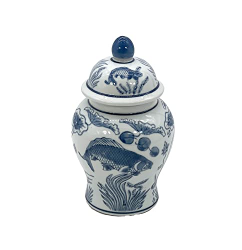 Galt International 8" Ceramic Ginger Jar with Lid - Tea Storage, Decorative, Home Decor Jar (Slate Blue & White Koi)