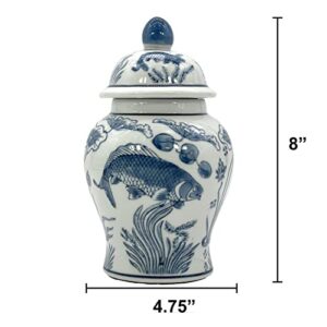 Galt International 8" Ceramic Ginger Jar with Lid - Tea Storage, Decorative, Home Decor Jar (Slate Blue & White Koi)