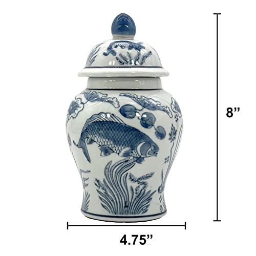 Galt International 8" Ceramic Ginger Jar with Lid - Tea Storage, Decorative, Home Decor Jar (Slate Blue & White Koi)