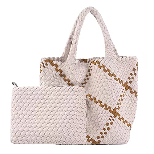 Fashion Hobo Bag Handmade Woven Casual Female Handbag Large Capacity Neoprene Tote Bag Patchwork Women Shoulder Bags (White brown)