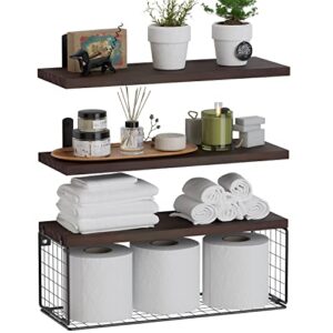 wopitues floating shelves wall mounted, rustic wood bathroom shelves over toilet with paper storage basket, farmhouse floating shelf for wall decor, bedroom, living room, kitchen–rustic brown