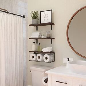 WOPITUES Floating Shelves Wall Mounted, Rustic Wood Bathroom Shelves Over Toilet with Paper Storage Basket, Farmhouse Floating Shelf for Wall Decor, Bedroom, Living Room, Kitchen–Rustic Brown