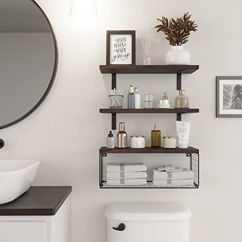 WOPITUES Floating Shelves Wall Mounted, Rustic Wood Bathroom Shelves Over Toilet with Paper Storage Basket, Farmhouse Floating Shelf for Wall Decor, Bedroom, Living Room, Kitchen–Rustic Brown