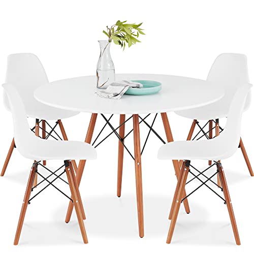 Best Choice Products 5-Piece Dining Set, Compact Mid-Century Modern Table & Chair Set for Home, Apartment w/ 4 Chairs, Plastic Seats, Wooden Legs, Metal Frame - Brown/White