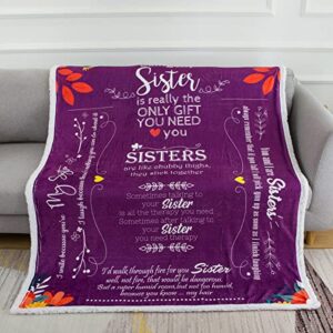 funny sister blanket birthday gifts | luxurious sister blanket with loving messages for sister birthday gifts | snuggly soft fleece blanket sister gifts from sister | 50″ x 60″ (sherpa fleece, purple)