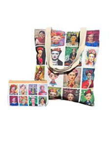 mexican artist frida inspired canvas tote bag & matching accessory bag – beautiful set