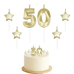 50th birthday candles for cake – number 50 & 5 & 0 birthday candles and glitter star birthday candles 2 inch 3d diamond shape number candles for birthday party anniversary kids adults(gold)