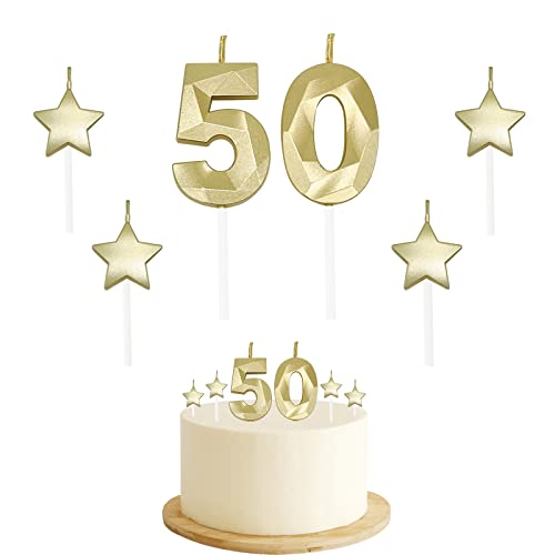 50th Birthday Candles for Cake - Number 50 & 5 & 0 Birthday Candles and Glitter Star Birthday Candles 2 Inch 3D Diamond Shape Number Candles for Birthday Party Anniversary Kids Adults(Gold)