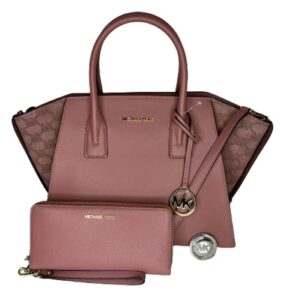 michael kors avril large top-zip satchel bundled with large continental wristlet purse hook (rose)