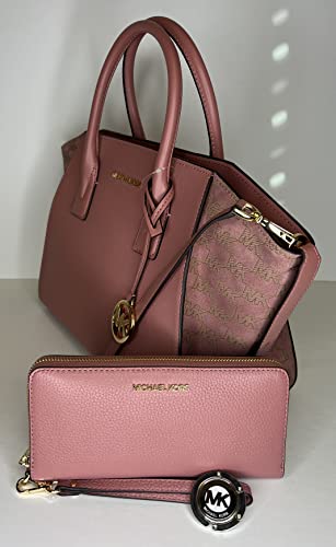 Michael Kors Avril Large Top-Zip Satchel bundled with Large Continental Wristlet Purse Hook (Rose)