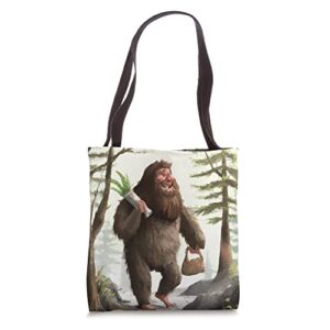 happy sasquatch carrying groceries tote bag tote bag