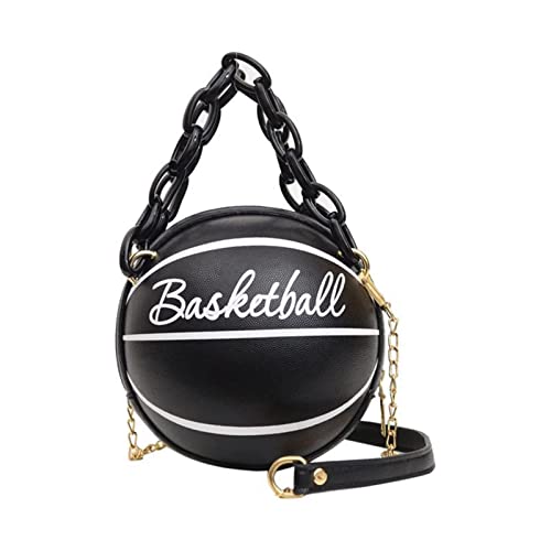 Women Shoulder Bag Chain Basketball Shaped Purse Round Body Handbag Centrifugal Clutch 3/4 (Black, One Size)