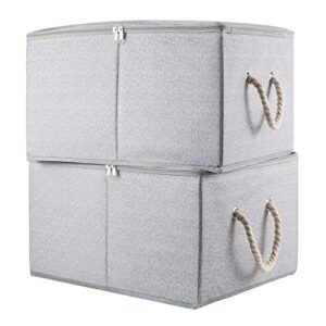 jeadwwr large foldable storage bins with lids for organizing, fabric storage boxes with lids for shelves, 2-pack clothes baskets with cotton rope handles zip closet bins (ash grey, 17.7×13.8×9.8in)
