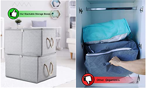 jeadwwr Large Foldable Storage Bins with Lids for Organizing, Fabric Storage Boxes with Lids for Shelves, 2-Pack Clothes Baskets with Cotton Rope Handles Zip Closet Bins (Ash Grey, 17.7x13.8x9.8in)