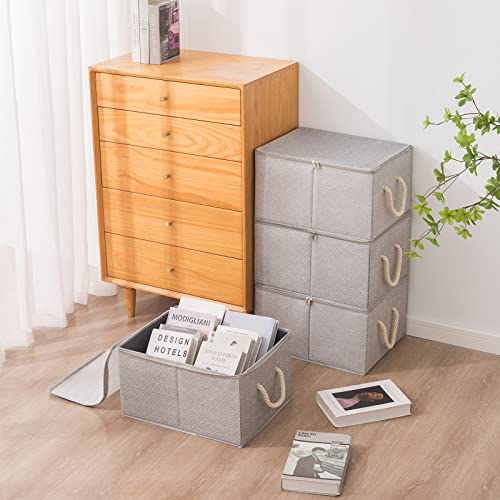 jeadwwr Large Foldable Storage Bins with Lids for Organizing, Fabric Storage Boxes with Lids for Shelves, 2-Pack Clothes Baskets with Cotton Rope Handles Zip Closet Bins (Ash Grey, 17.7x13.8x9.8in)