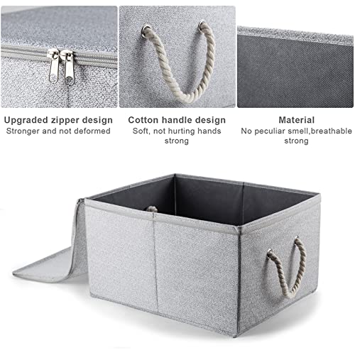 jeadwwr Large Foldable Storage Bins with Lids for Organizing, Fabric Storage Boxes with Lids for Shelves, 2-Pack Clothes Baskets with Cotton Rope Handles Zip Closet Bins (Ash Grey, 17.7x13.8x9.8in)