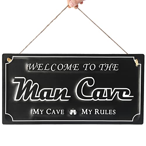 Man Cave Sign.Mancave Stuff for Men.Black Metal Sign for Man Cave Decor.14" X 7" Mancave Wall Decorations."My Cave,My Rules".Sign Men,Men Decor.