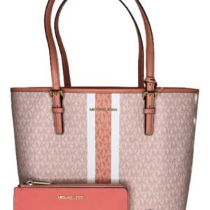 Michael Kors Jet Set Travel MD Carryall Tote bundled with Large Continental Wristlet Wallet Purse Hook (Signature MK Sherbert/Grapefruit)