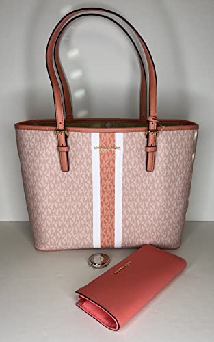 Michael Kors Jet Set Travel MD Carryall Tote bundled with Large Continental Wristlet Wallet Purse Hook (Signature MK Sherbert/Grapefruit)