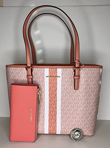 Michael Kors Jet Set Travel MD Carryall Tote bundled with Large Continental Wristlet Wallet Purse Hook (Signature MK Sherbert/Grapefruit)