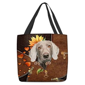 weimaraner dog and sunflower zipper leather pattern tote bag, casual handbag for weimaraner lover gift, reuseable grocery bag