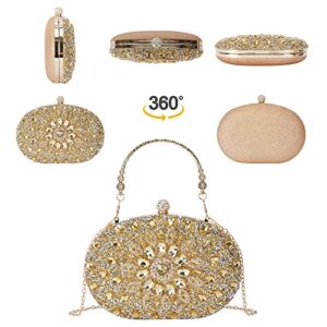 Purpliole Multicolor Round Rhinestone Women Evening Pearl Clasp Crystal Clutch Purse - Sparkly Diamond Bag Wedding Party Prom Handbag Glitter Gemstone (Gold Clutch)