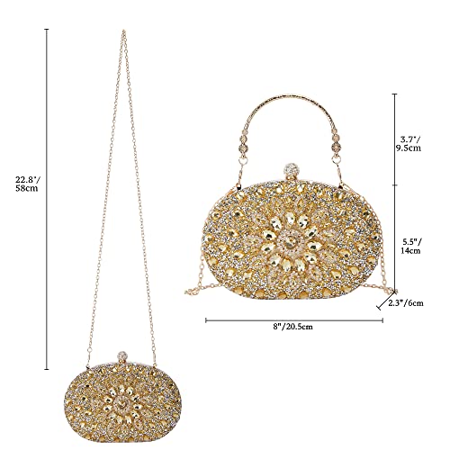 Purpliole Multicolor Round Rhinestone Women Evening Pearl Clasp Crystal Clutch Purse - Sparkly Diamond Bag Wedding Party Prom Handbag Glitter Gemstone (Gold Clutch)