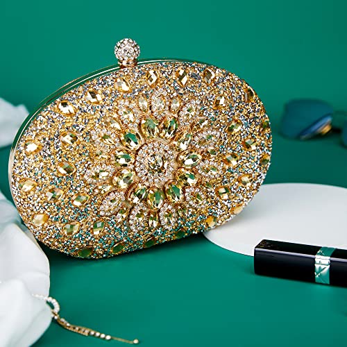 Purpliole Multicolor Round Rhinestone Women Evening Pearl Clasp Crystal Clutch Purse - Sparkly Diamond Bag Wedding Party Prom Handbag Glitter Gemstone (Gold Clutch)