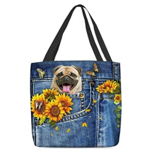 cute fawn pug in jeans pocket hippie and sunflowers tote bag, casual handbag for pug dog lovers gift, reuseable grocery bag