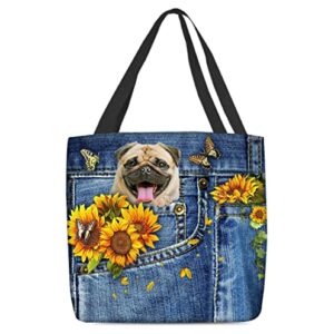 Cute Fawn Pug In Jeans Pocket Hippie And Sunflowers Tote Bag, Casual Handbag For Pug Dog Lovers Gift, Reuseable Grocery Bag