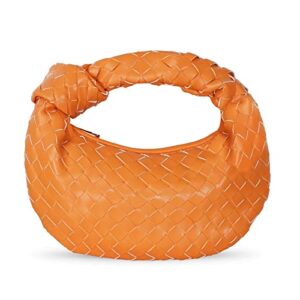 aytotoro women knoted woven handbag designer ladies fashion pu leather top handle hobo shoulder bag bucket purse clutch tote (orange)