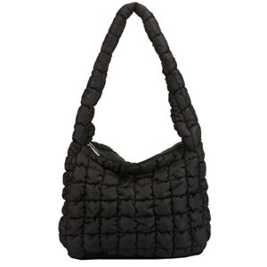 rejolly puffer shoulder bag for women quilted puffy lightweight nylon handbag large padded soft purse black