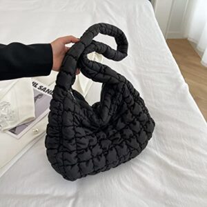 Rejolly Puffer Shoulder Bag for Women Quilted Puffy Lightweight Nylon Handbag Large Padded Soft Purse Black