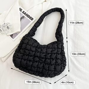 Rejolly Puffer Shoulder Bag for Women Quilted Puffy Lightweight Nylon Handbag Large Padded Soft Purse Black