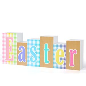 fingooo easter wooden signs for home decor, 14.2″l colorful wooden block signs tabletop decorations centerpieces for party dining room tiered tray