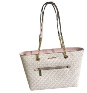 michael kors jet set item medium front pocket chain tote bag purse (optic white/rose gold)