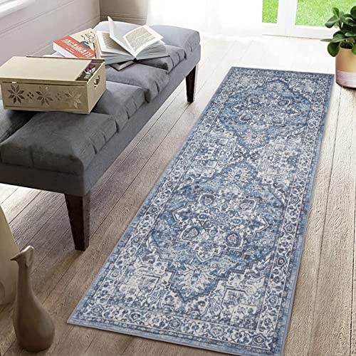 CAREMEE Area Rug 2x6 Runner Rug Light Blue Persian Hallway Indoor Rug Retro Distressed Carpet Thin Rug Machine Washable Accent Rug Lightweight Non Slip Kitchen Living Room Bedroom, 2' x 6' Blue