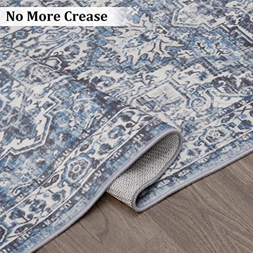 CAREMEE Area Rug 2x6 Runner Rug Light Blue Persian Hallway Indoor Rug Retro Distressed Carpet Thin Rug Machine Washable Accent Rug Lightweight Non Slip Kitchen Living Room Bedroom, 2' x 6' Blue