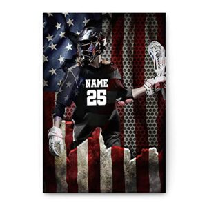 ohaprints personalized lacrosse poster & framed canvas, lacrosse player us flag home office decor, custom name & number living room bedroom aesthetic wall art gift for son, boy, men