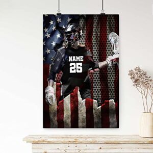 OhaPrints Personalized Lacrosse Poster & Framed Canvas, Lacrosse Player Us Flag Home Office Decor, Custom Name & Number Living Room Bedroom Aesthetic Wall Art Gift For Son, Boy, Men