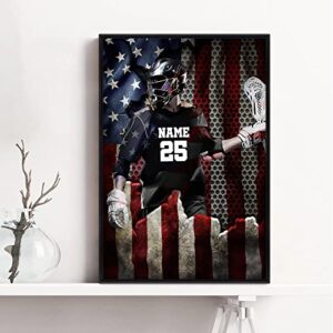 OhaPrints Personalized Lacrosse Poster & Framed Canvas, Lacrosse Player Us Flag Home Office Decor, Custom Name & Number Living Room Bedroom Aesthetic Wall Art Gift For Son, Boy, Men