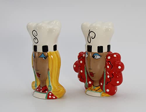 Fine Ceramic Dollymamas African American Black Fashion Chef Lady Salt & Pepper Shakers Set, 4-3/8" H